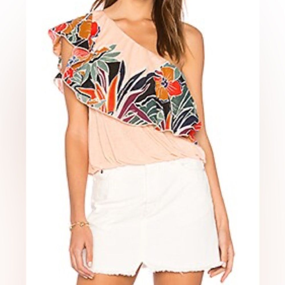FREE PEOPLE Annka Ruffle One-Shoulder Tank Luau Aloha Vacation Top M